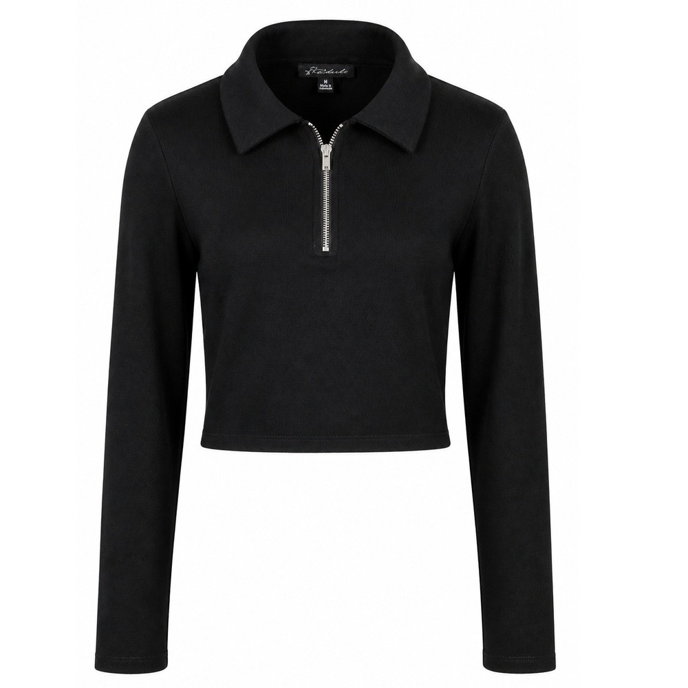 Blashe Quarter Zip Crop Top Women Large Long Sleeve Black Solid Slim Fit Y2K